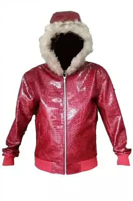 Men's Handmade Red Crocodile Lambskin Leather Hoodie Jacket • $109.69