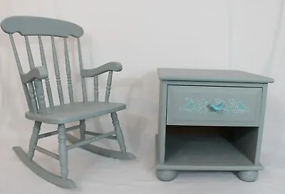 £150 • Buy Pre Loved Hand Painted Kids Rocking Chair And Bedside Cabinet Set / Nursery Set