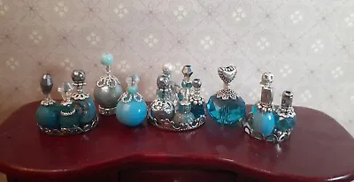 TURQUOISE° SILVER PERFUME Bottles DRESSER Set VanityTrays Dollhouse Miniature  • $14.89