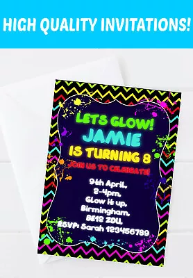Personalised Glow Neon Disco Dance UV Rave Birthday Party Invitations Invites • £12.99