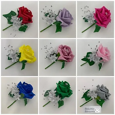  Wedding Buttonholes Rose Flower Bouquets Ivory Purple Groom Best Mansinglered • £2.95