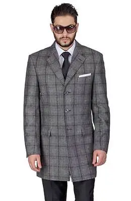 Plaid Grey Top Overcoat Slim Fit Men Wool Blend Single Breast Notch Lapel AZAR  • $59.99