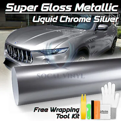 Premium Super Gloss Metallic Liquid Silver Car Vinyl Wrap Sticker Decal Sheet • $20.75