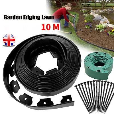10 Metre FLEXIBLE GARDEN BORDER GRASS LAWN PATH EDGING WITH PLASTIC PEGS STURDY • £13.99