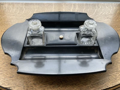 £19.99 • Buy Early Victorian Jennens & Bettridge Papier Mache Inkstand - Both Inkwells Vgc 