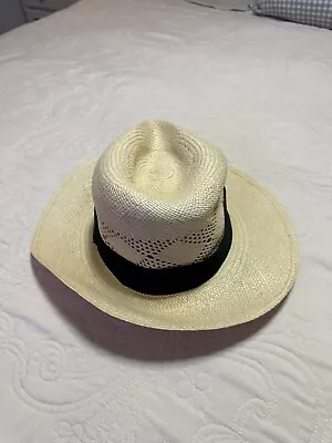 Genuine Fedora Panama Hat 56 Natural Straw Black Ribbon Trim Sun Hat • $29.50