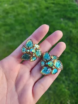 Vtg West Germany Molded Glass Leaves Rhinestone Clip-on Earrings • $35.99