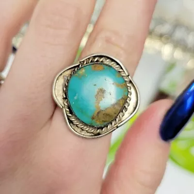 Vintage 50s Sterling Silver Turquoise Ring With Rope Detail • $59