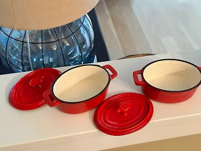 Set Of 2 Vintage Mini Small Cast Iron Enamel Oval DUTCH OVEN Red Orange • $29.95