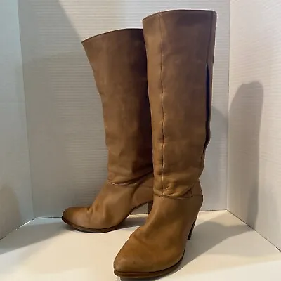 VTG Frye Women’s Tan Leather Campus Tall Riding Heeled  Boots USA 8.5 Cuff Tall • $105