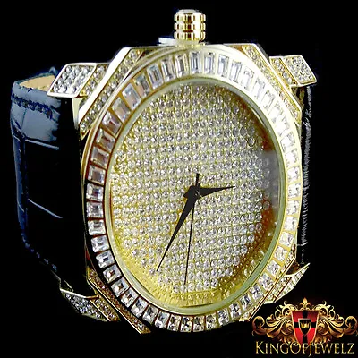 Men's Yellow Gold Finish Lab Diamond Celebrity Genuine Leather Band Jojino Watch • $59.99