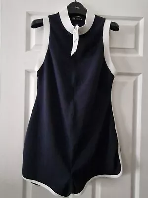 Women's Zara Navy Blue With White Trim Front Zip Playsuit Size L • £25