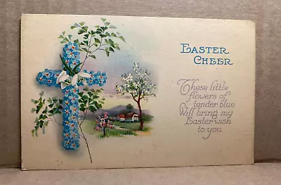 Easter Cheer Cross Made From Blue Flowers House Country Scene Postcard • $4.80