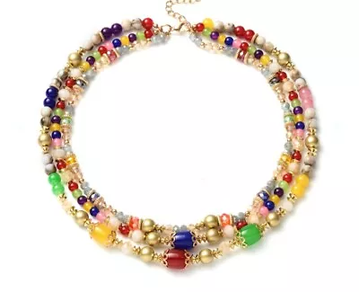 Fashion Necklace Multi Gemstone Triple Row Layered Goldtone **NEW** BEAUTIFUL!! • $1.99