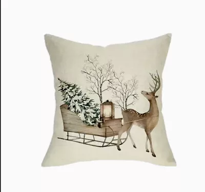 Reindeer Sleigh Rustic Christmas Throw Pillow Cover Winter Holiday Home Decor • $10.62