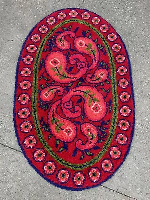 Vintage Large Oval Latch Hook Vibrant Funky Retro Floral Wool Rug | 59”x36” • $125