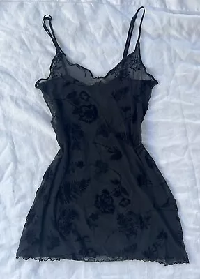 Vintage 90s Victorias Secret Sheer Black Floral Slip Dress Whimsigoth Grunge L • $25