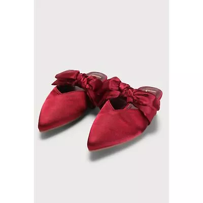 Lulus Sylviee Wine Red Satin Pointed-Toe Big Bow Mules Flats Slides Shoes • $20