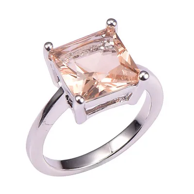 Princess Cut Big Stone Morganite Lady's Ring White Gold Plated Size 5 6789  • $15.99