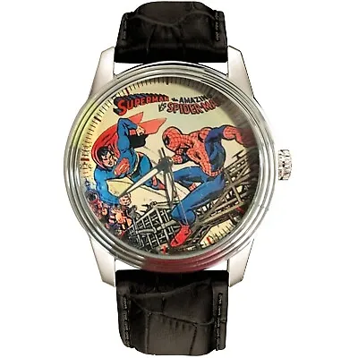 RARE SUPERMAN Vs SPIDERMAN VINTAGE DC COMIC COVER ART SOLID BRASS WRIST WATCH • $139.99