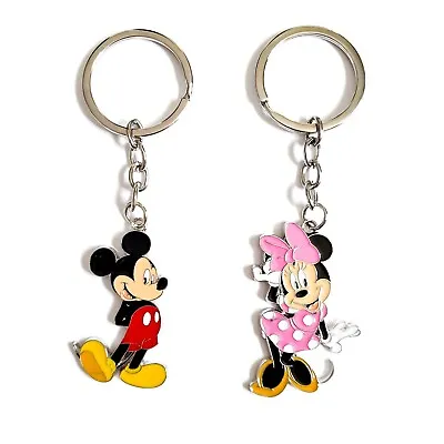 Disney Mickey And Minnie Mouse Keychains Set 2pc Metal Key Ring Retro Pink • $11