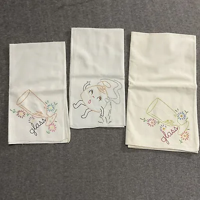 Lot 3 Vintage Hand Embroidered Kitchen Dish Tea Towels Tea Pot Glasses Floral • $19.99