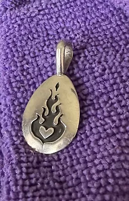 Vintage Sterling Silver Modernist Heart Flaming Fire Pendant Signed TLC Lg Bale • $16.99