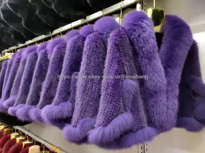 Factory Price 100% Real Mink Fur Knitted Coat With Fox Collar Cape Wraps Purple • $167