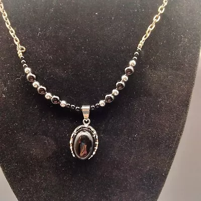 Silver Tone Genuine Black Onyx Bold Necklace 18  Adjustable VTG Estate Tested • $15.99