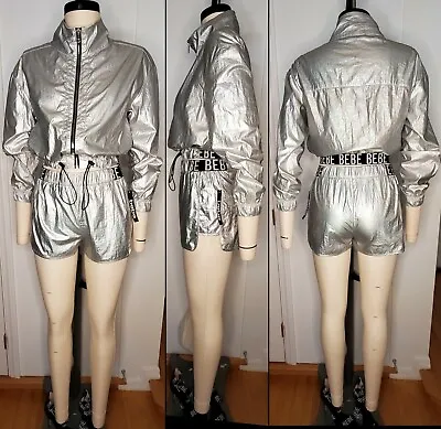 $56.40 • Buy BEBE Logo Jacket Mini Shorts 2PC Tracksuit Silver Iridescent Fashion Women's S