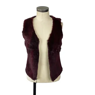 Vintage CACHE Rabbit Fur Zip Front Vest Small Maroon Burgundy Red Lamb Leather • $55