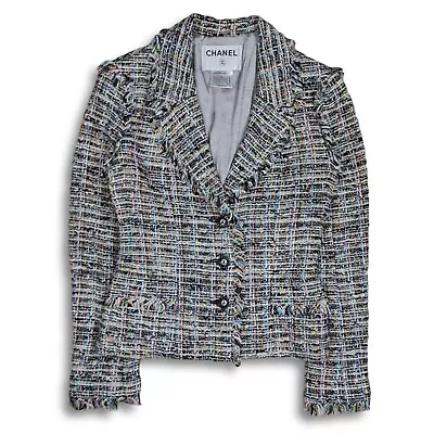 Vintage 04p CHANEL Multicolour Fantasy Tweed Fringed Edge Button Front Jacket Cc • £758.98