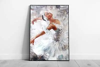 Oil Painting Of Elegant Female Ballerina Ballet Dancer In White Wall Art Print • £17.01