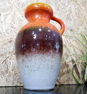 ITALIAN Lava Glazed JUG Pottery Pitcher Vase 17x25cm ORANGE BROWN CREAM MCM • $65.17