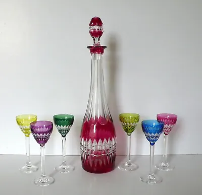 VAL ST LAMBERT Crystal Cranberry Red Cut Clear Decanter  + 6 Cordial Glasses • $235.04