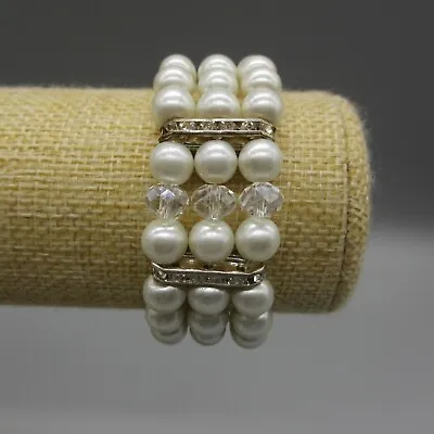 Simulated Pearl Bracelet Stretch Rhinestones 3 Strands Bead Gold Tone 6  To 9  • $8