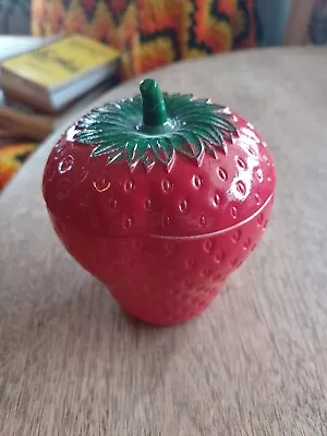 Vintage Glass Strawberry Trinket Jam Jar Box Dish W Lid Red Painted Milk Glass • $12.99