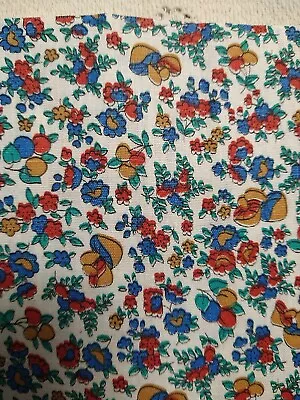 Vintage MCM Mushroom Floral Cherry Brown Blue Green Red Country 31  Long X 36  W • $15.99