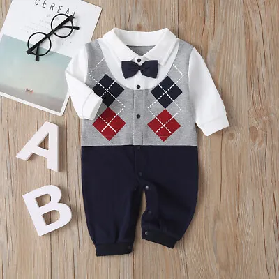 Newborn Baby Boys Gentleman Suit Romper Tops Psnts Jumpsuit Outfits Clothes Set • £8.89