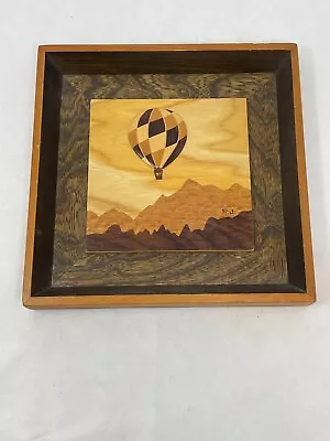 Vintage Robert W. Johnson Air Balloon Marquetry Inlay Wood Wall Art Framed • $25