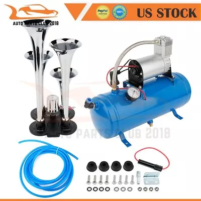 Quad/4 Trumpet Air Horn With 12V Compressor Tank Gauge Kit Car Train Truck • $89.48