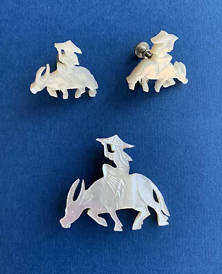 Vintage CARVED MOTHER OF PEARL CHINESE WOMAN RIDING BULL COW BROOCH EARRING SET • $18.71