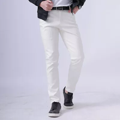 Mens Motorcycle Skinny Straight Faux Leather Pants Slim PU Leather Trousers // • $18.36