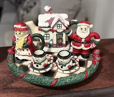 Mini Christmas Tea Set Santa & Mrs.Clause Teapot Teacups & Saucers Holiday Plate • $14.95