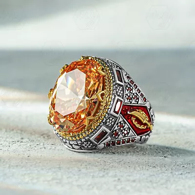 925 Sterling Silver Orange Citrine Stone Turkish Handmade Men's Ring • $49.90