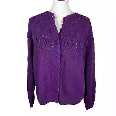 Vintage Cape Isle Knitters Purple Handknit Cardigan Size L • $34