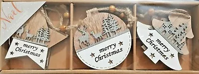 6 X WOODEN TARTAN CHRISTMAS TREE HEART STAR HANGING DECORATION BAUBLES ORNAMENTS • £8.45