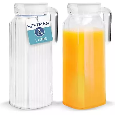 HEFTMAN Glass Jug 1 Litre 2 Pack Fridge Water Ribbed Vented Lid Hot Pitcher Milk • £14.99