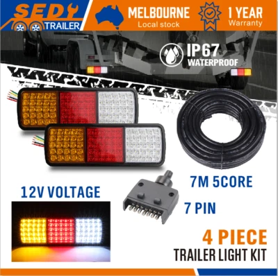 LED Trailer Tail Light Kit Pair Plug 7m 5 Core Wire Caravan Ute 7 Pin Flat Set • $59.99