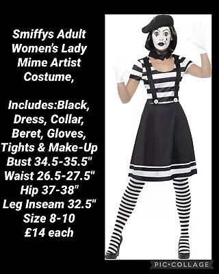 Ladies Mime Artist Fancy Dress Costume Size 8-10 Includes Make Up & MoreReduced • £14